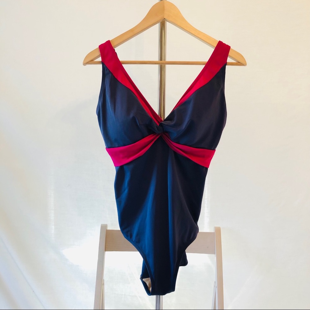 LL Bean V Neck Empire Waist Navy Blue One Piece Swimsuit Cranberry Trim Size 16